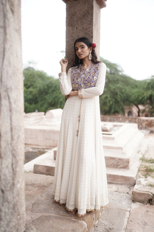 White Georgette Chikankari Anarkali Gotapatti Jacket Set