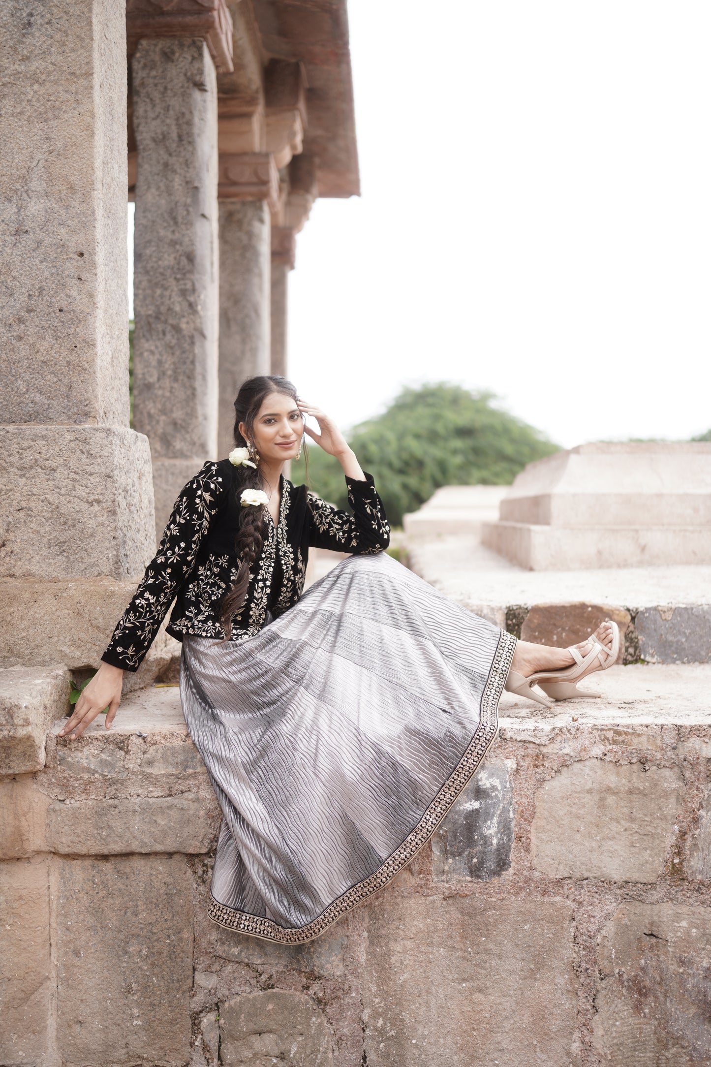 Black Lycra Anarkali Jacket Set