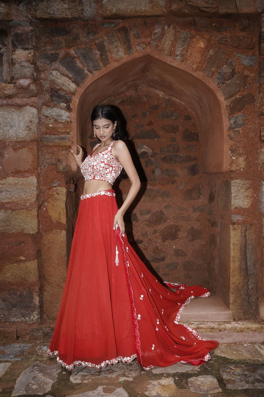 Red Georgette Resham Embroidered Lehenga Set